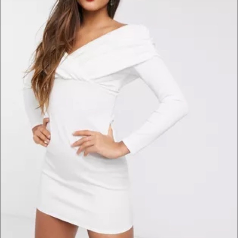 NWT ASOS Design Scuba Bardot Ruched-Side Long-sleeve Mini Dress in White
